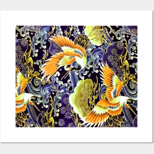 YELLOW ORANGE FLYING CRANES ,FLOWERS, SEA WAVES RED NAVY BLUE FLORAL Posters and Art